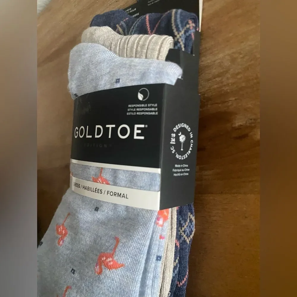 GOLDTOE NEW Men's Dress Crew Socks 3-pack Size 6-12.5 Office Flamingo Argyle